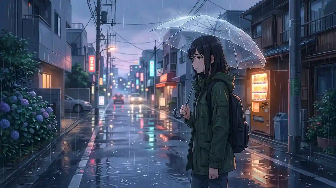 An anime character walking in the rain